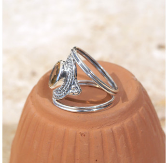 Anneau large ajouré en argent ciselé et Citrine T58/61