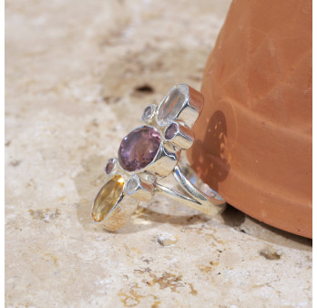 Longue bague 7 pierres facettées Citrine Amétrine Cristal de roche T57