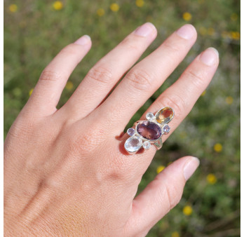 Longue bague 7 pierres facettées Citrine Amétrine Cristal de roche T57