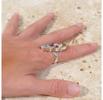 Longue bague 7 pierres facettées Citrine Amétrine Cristal de roche T57