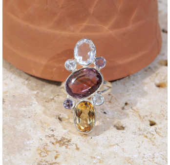 Longue bague 7 pierres facettées Citrine Amétrine Cristal de roche T57