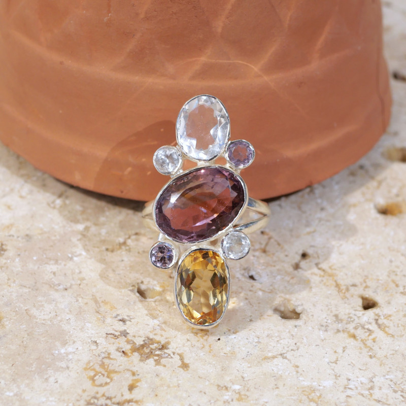 Longue bague 7 pierres facettées Citrine Amétrine Cristal de roche T57