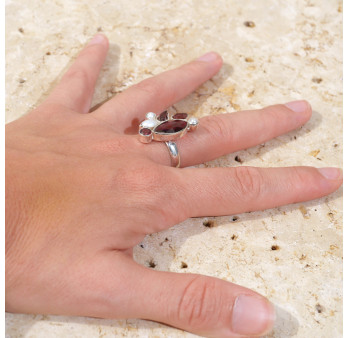 Bague en argent 4 pierres Grenat et 3 Perles T56 réglable