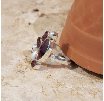 Bague en argent 4 pierres Grenat et 3 Perles T56 réglable