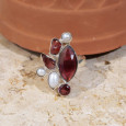 Bague en argent 4 pierres Grenat et 3 Perles T56 réglable
