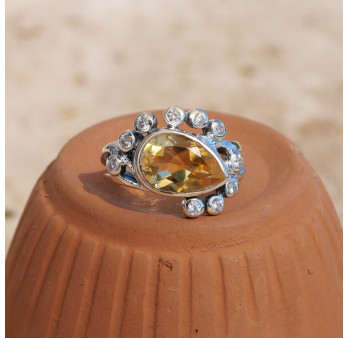 Bague argent pierre goutte en Citrine et zircons T52