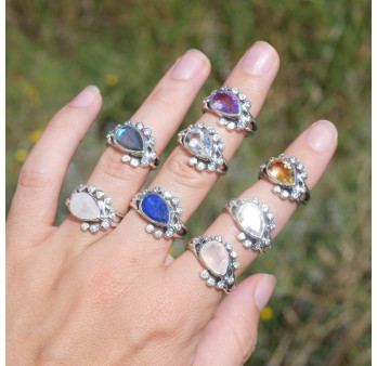 Bague argent pierre goutte en Citrine et zircons T52