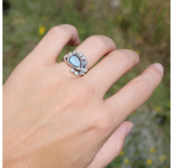 Bague argent pierre goutte en Labradorite et zircons T52