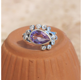 Bague argent pierre goutte en Améthyste et zircons T55