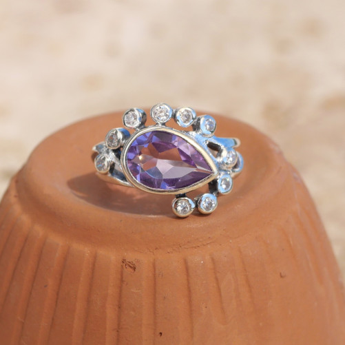 Bague argent pierre goutte en Améthyste et zircons T55
