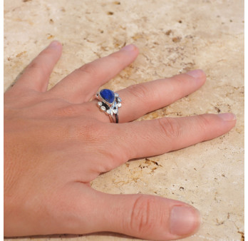 Bague argent pierre goutte en Lapis lazuli et zircons T60