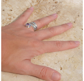 Bague bandeau en argent et pierre goutte Améthyste T52
