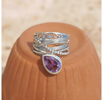 Bague bandeau en argent et pierre goutte Améthyste T52