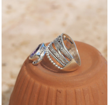 Bague bandeau en argent et pierre goutte Améthyste T52