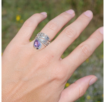 Bague bandeau en argent et pierre goutte Améthyste T52