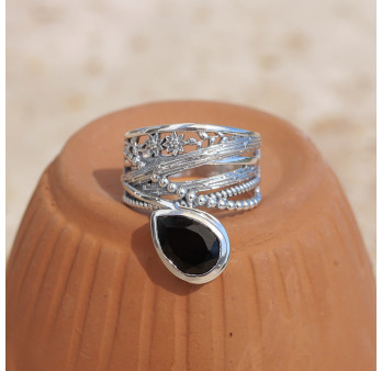 Bague bandeau en argent et pierre goutte Onyx noir T52