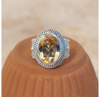 Bague mixte argent gravé et pierre facettée en Citrine T52/57