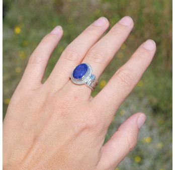 Bague mixte argent gravé et pierre facettée en Lapis lazuli T52/57