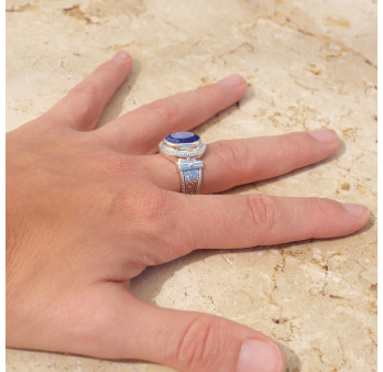 Bague mixte argent gravé et pierre facettée en Lapis lazuli T52/57