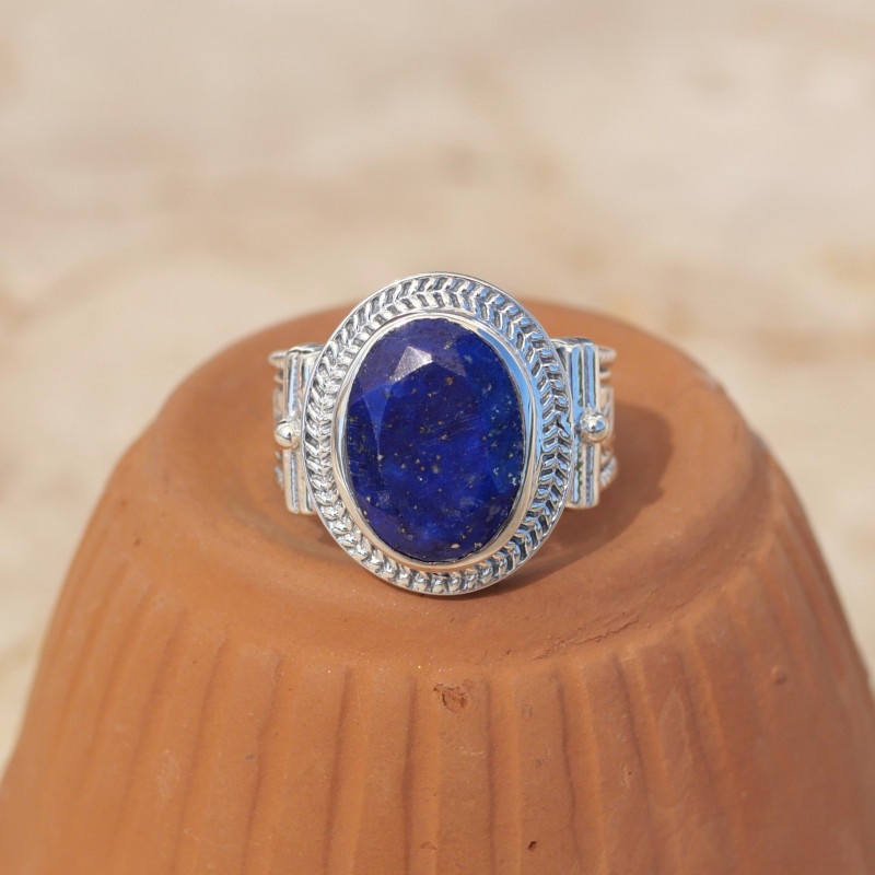Bague mixte argent gravé et pierre facettée en Lapis lazuli T52/57