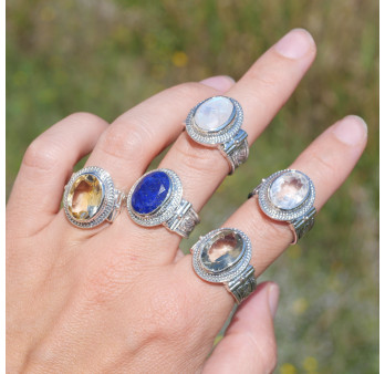 Bague mixte argent gravé et pierre facettée en Lapis lazuli T52/57