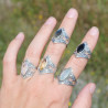 Bague pointes argent oxydé et pierre navette Calcédoine T61