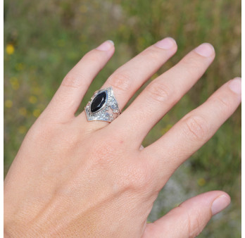 Bague pointes argent oxydé et pierre navette Onyx noir T54