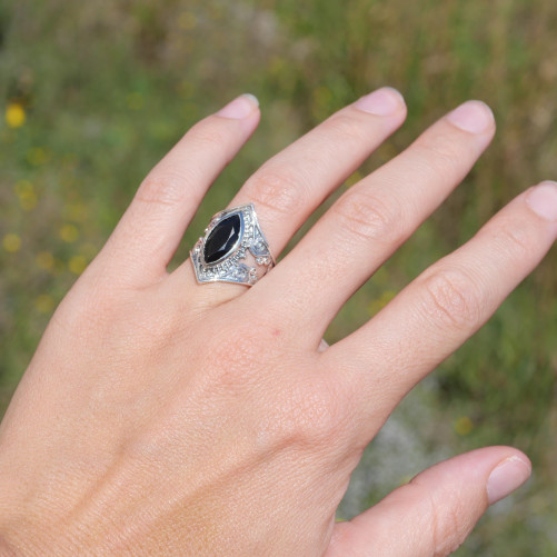 Bague pointes argent oxydé et pierre navette Onyx noir T54