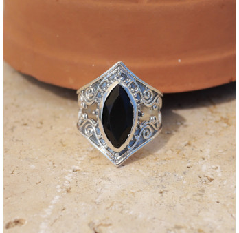 Bague pointes argent oxydé et pierre navette Onyx noir T54