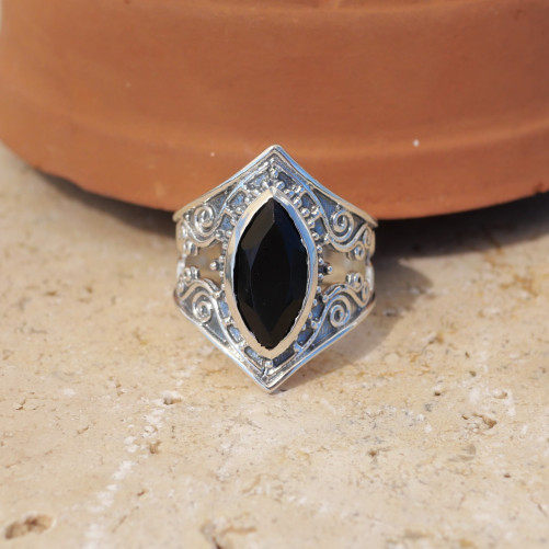 Bague pointes argent oxydé et pierre navette Onyx noir T54