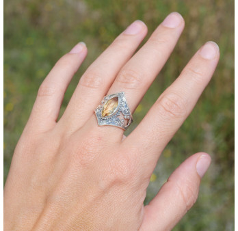 Bague pointes argent oxydé et pierre navette Citrine T59