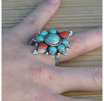 Bague réglable pierres Turquoise du Tibet et Corail de Méditerranée argent 925