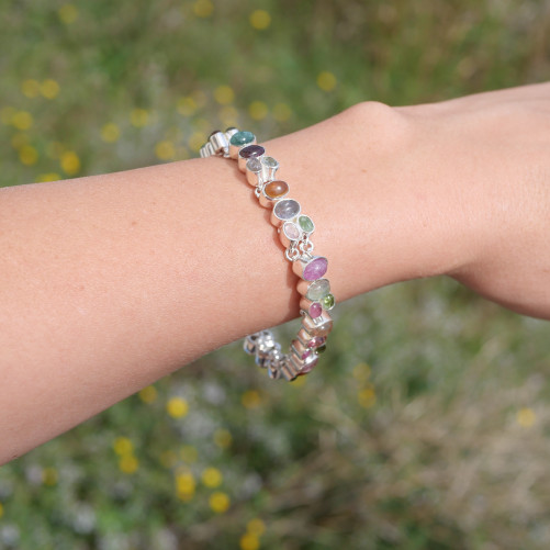 Bracelet 32 petites pierres Tourmaline multicolores et argent