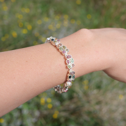 Bracelet 2 rangs 46 petites pierres Tourmaline et argent