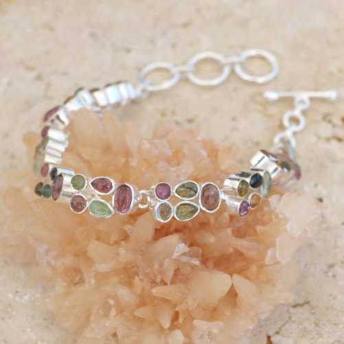 Bracelet 2 rangs 46 petites pierres Tourmaline et argent