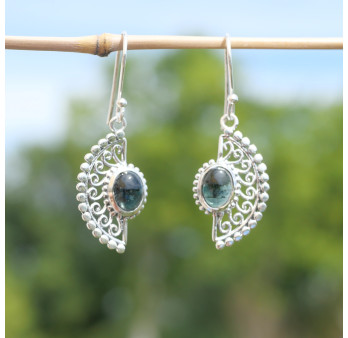 Boucles d'oreilles demi lune argent ciselé et Tourmaline vert
