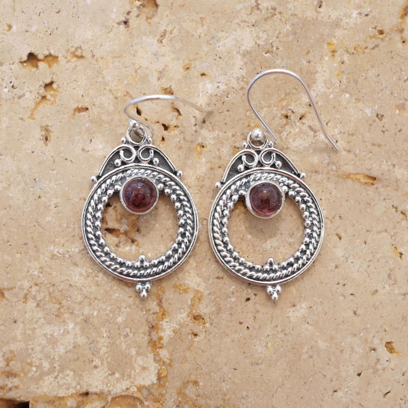 Boucles rondes ajourées argent et pierre Tourmaline rose
