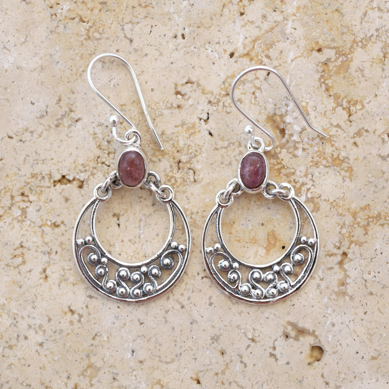 Boucles ajourées légères argent et pierre Tourmaline rose