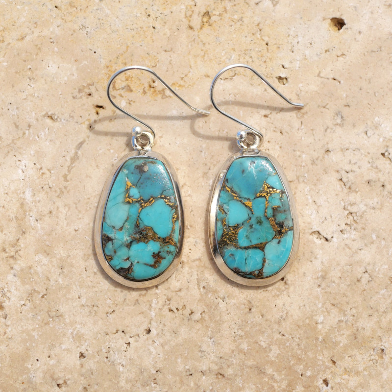 Grandes boucles poires en argent et Turquoise mohave