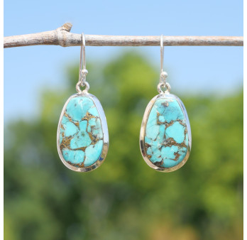 Grandes boucles poires en argent et Turquoise mohave