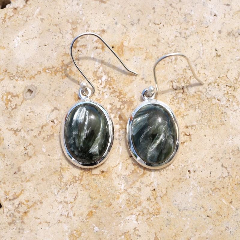 Boucles d'oreilles ovales argent et pierre Séraphinite