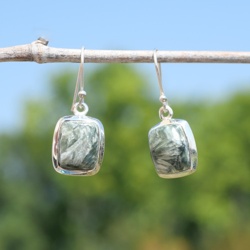 Boucles d'oreilles rectangulaires argent et pierre Séraphinite
