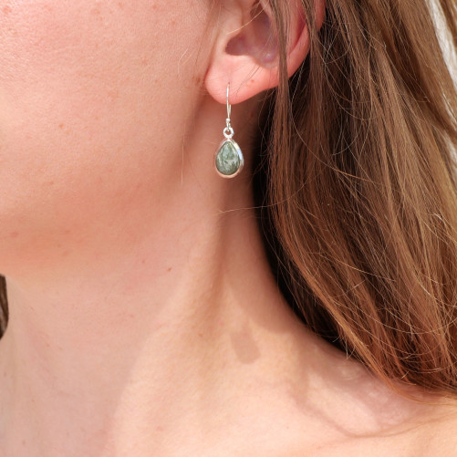 Boucles d'oreilles gouttes argent et pierre Séraphinite