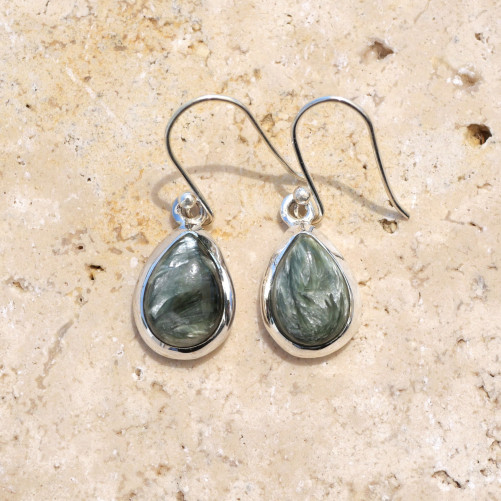 Boucles d'oreilles gouttes argent et pierre Séraphinite