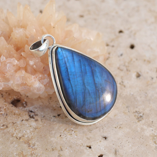 Gros pendentif goutte en argent et pierre Labradorite