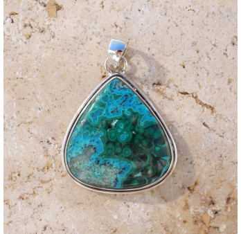 Gros pendentif goutte argent double et pierre Azurite Malachite