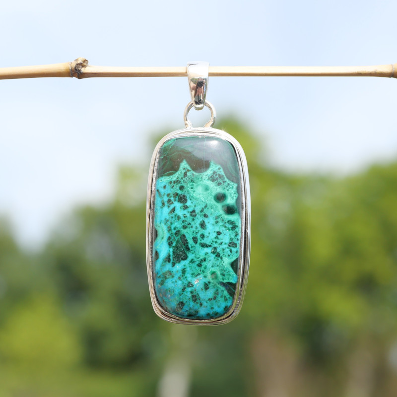 Pendentif rectangulaire argent double et pierre Azurite Malachite Pendentif rectangulaire argent double et pierre Azurite Malachite