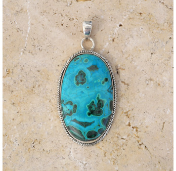 Gros pendentif ovale argent strié et pierre Azurite Malachite