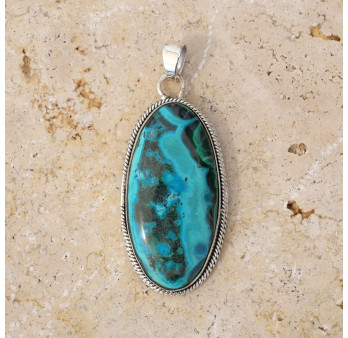 Gros pendentif oblongue argent strié et pierre Azurite Malachite