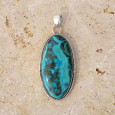 Gros pendentif oblongue argent strié et pierre Azurite Malachite